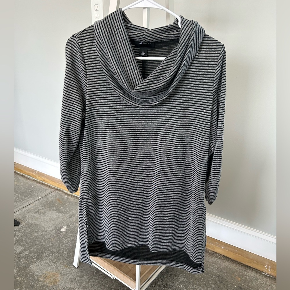 AB Studio Black and Gray Striped Cowl Neck Sweater